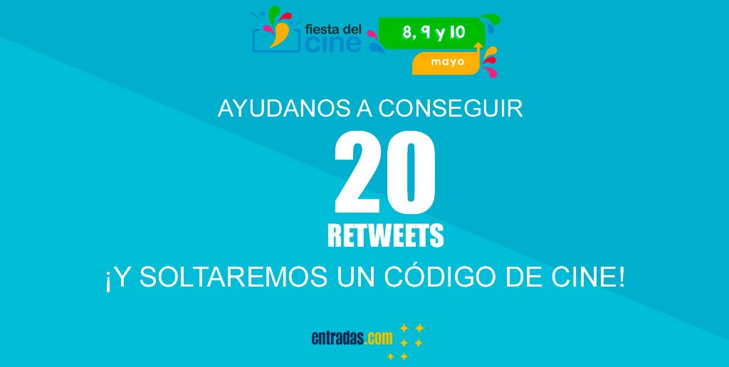 entradas's tweet photo. ¡Haz RT a esta publicación! 💥 Si llegamos a 20 soltaremos un código para poder conseguir una entrada gratis para #LaFiestaDelCine. ¡Corre! 🎬 https://t.co/tMNkuCo1vg