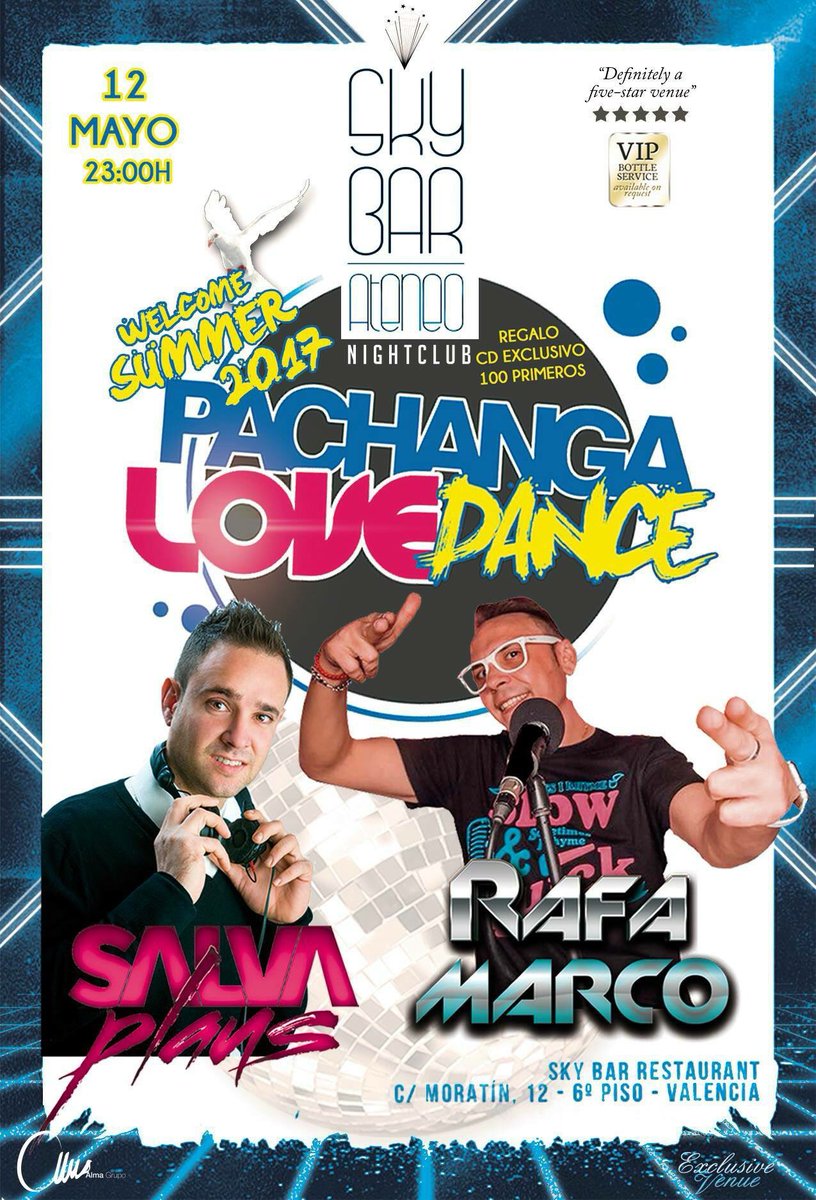 SkyAteneo's tweet photo. Este viernes sesión Pachanga Love Dance con Salva Plans y Rafa Marco. Entrada libre.
#skybarateneo #skyexperience #valencianight #music https://t.co/Z7sTCY52le