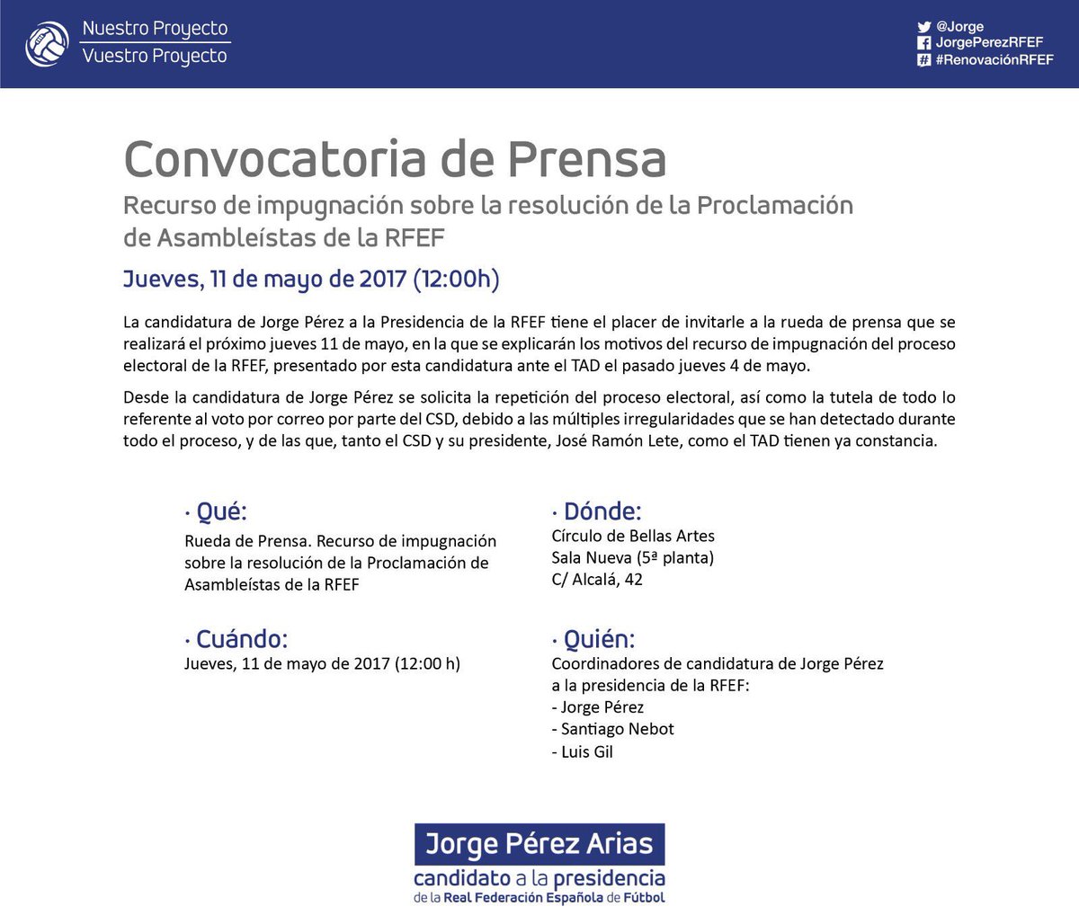 Este jueves ofreceremos una rueda de prensa para explicar los motivos del recurso de la impugnación del proceso electoral de la RFEF 👇