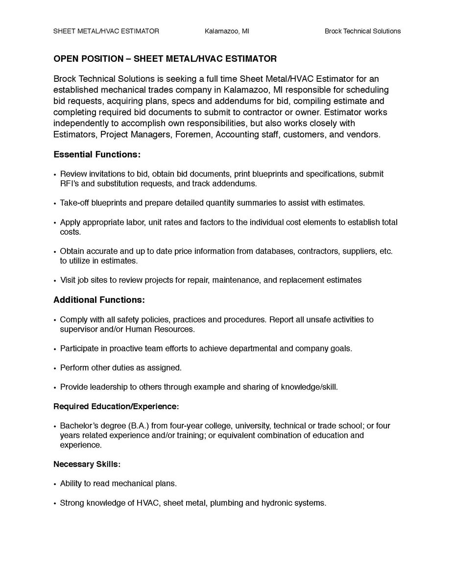 mtu career services on twitter patchinspick brock technical solutions is seeking a full time sheet metalhvac estimator in kalamazoo - Hvac Estimator mtu career services on twitter patchinspick brock technical solutions is seeking a full time sheet metalhvac estimator in kalamazoo - Hvac Estimator