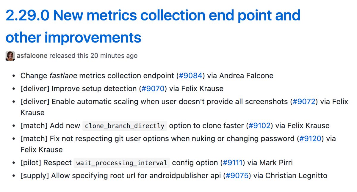 FastlaneTools's tweet image. [fastane] 2.29.0 New metrics collection end point and other improvements github.com/fastlane/fastl… 🎉