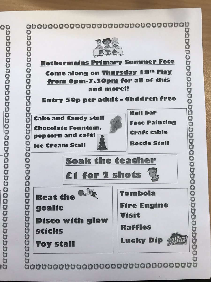 NPSfundraising's tweet photo. Summer Fete information! Mrs Cane is the teacher to soak! The one and only time!! @NethermainsPS @FawkesCarolDHT https://t.co/3AgngmI2BN