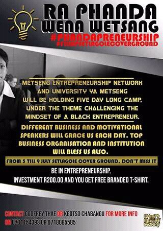 ObakengThae's tweet photo. #EmploymentEquity #AfricaNeedsEntrepreneurs , don't miss the biggest entrepreneurial camp in the village. #RekaTicket https://t.co/XHJcSvzenS