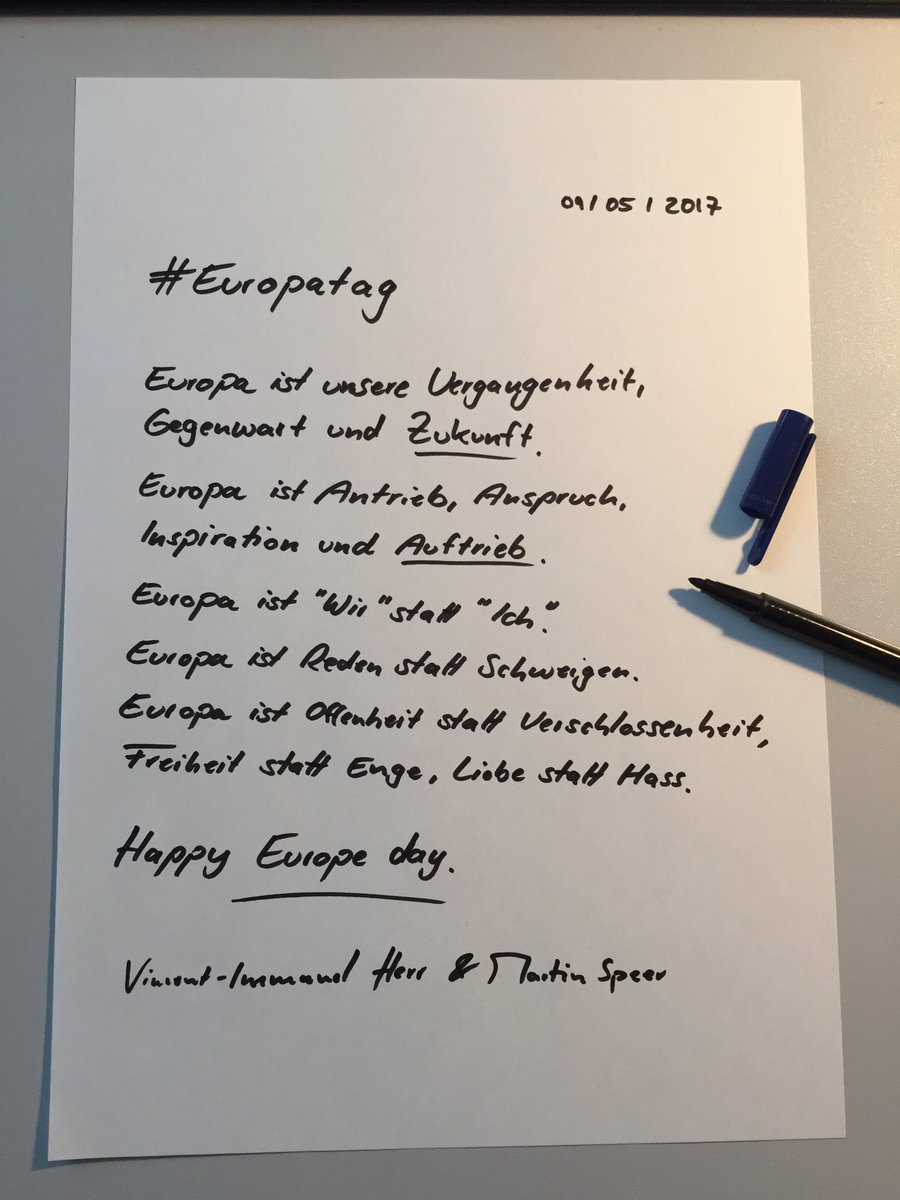 HerrUndSpeer's tweet photo. Happy #Europeday 2017. Europa ist "Wir" statt "Ich", Reden statt Schweigen, Liebe statt Hass. https://t.co/w7XOg47HWU