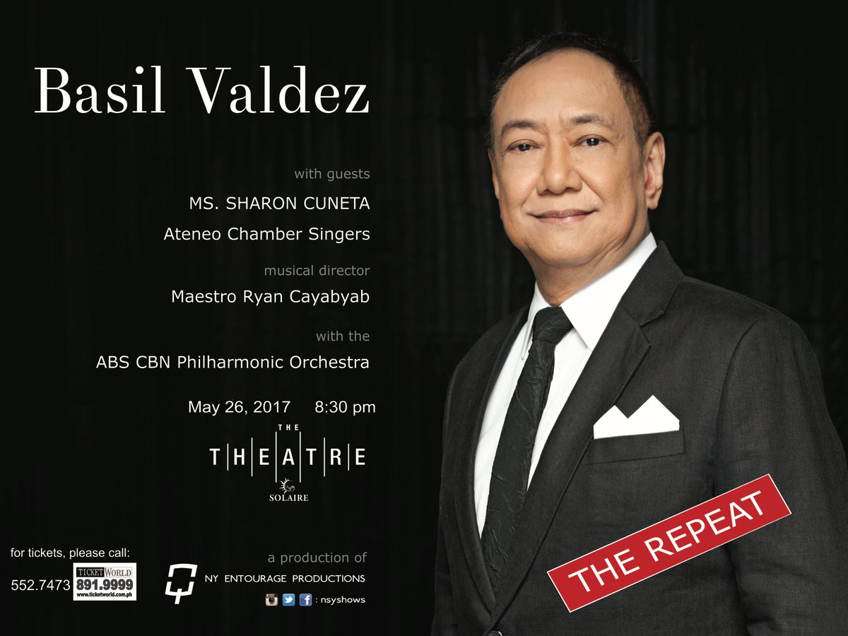 May 26 friday 830pm theatre <a href="/solaireresort/">Solaire Resort</a> - #BasilValdez The Repeat , for tickets <a href="/NSYSHOWS/">NY Entourage Productions</a> 5527473 /<a href="/TicketWorldInc/">TicketWorld Manila</a> 8919999 -admin #opm