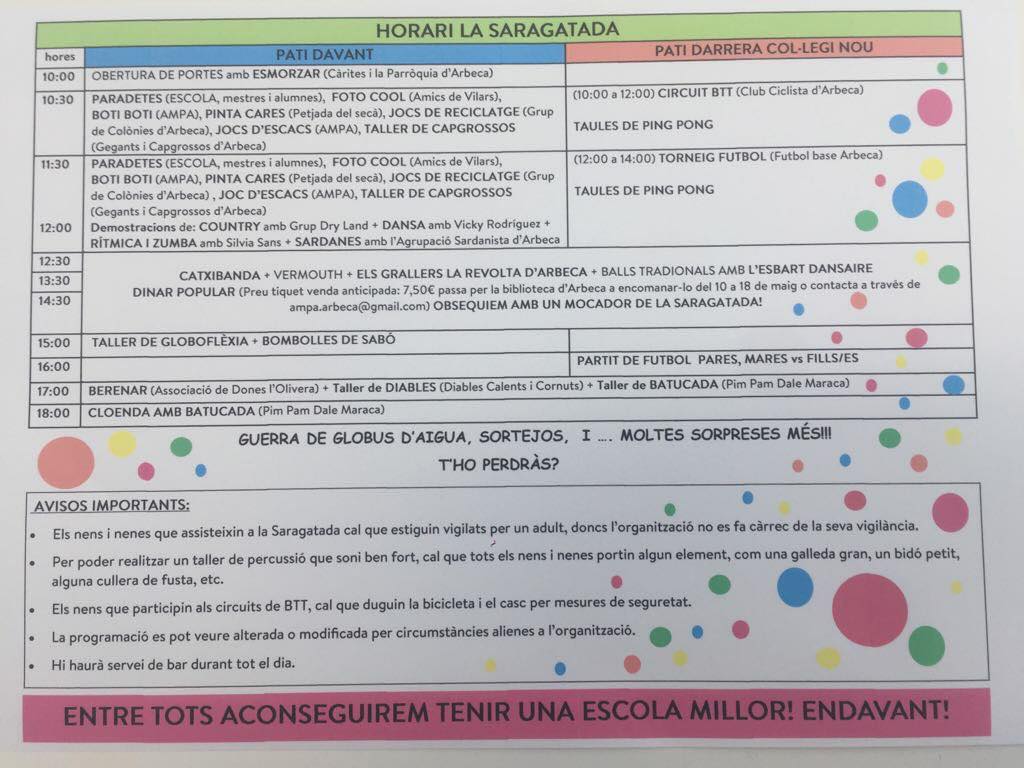 ajunt_arbeca's tweet photo. L'AMPA de l'Escola Albirka ja ho té tot apunt per la 1a #SARAGATADA del 21 de maig! Mireu quin munt d'activitats! #Arbeca https://t.co/GFWxuleMnZ