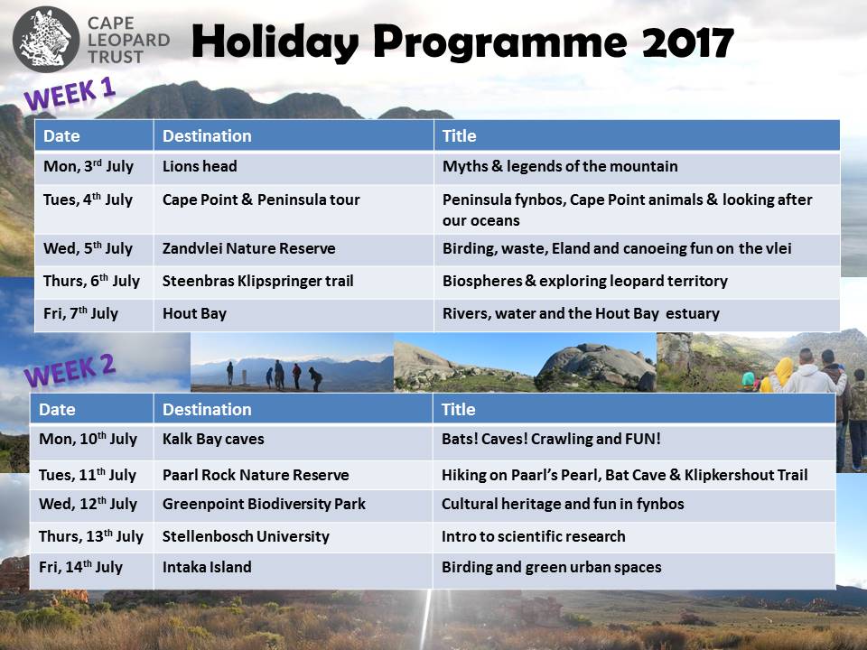CapeLeopardTrst's tweet photo. It's that time of the year again! The CLT #EnviroEdu school holiday programme is finalised. #CLT_Holiday https://t.co/oP67uqmgXX