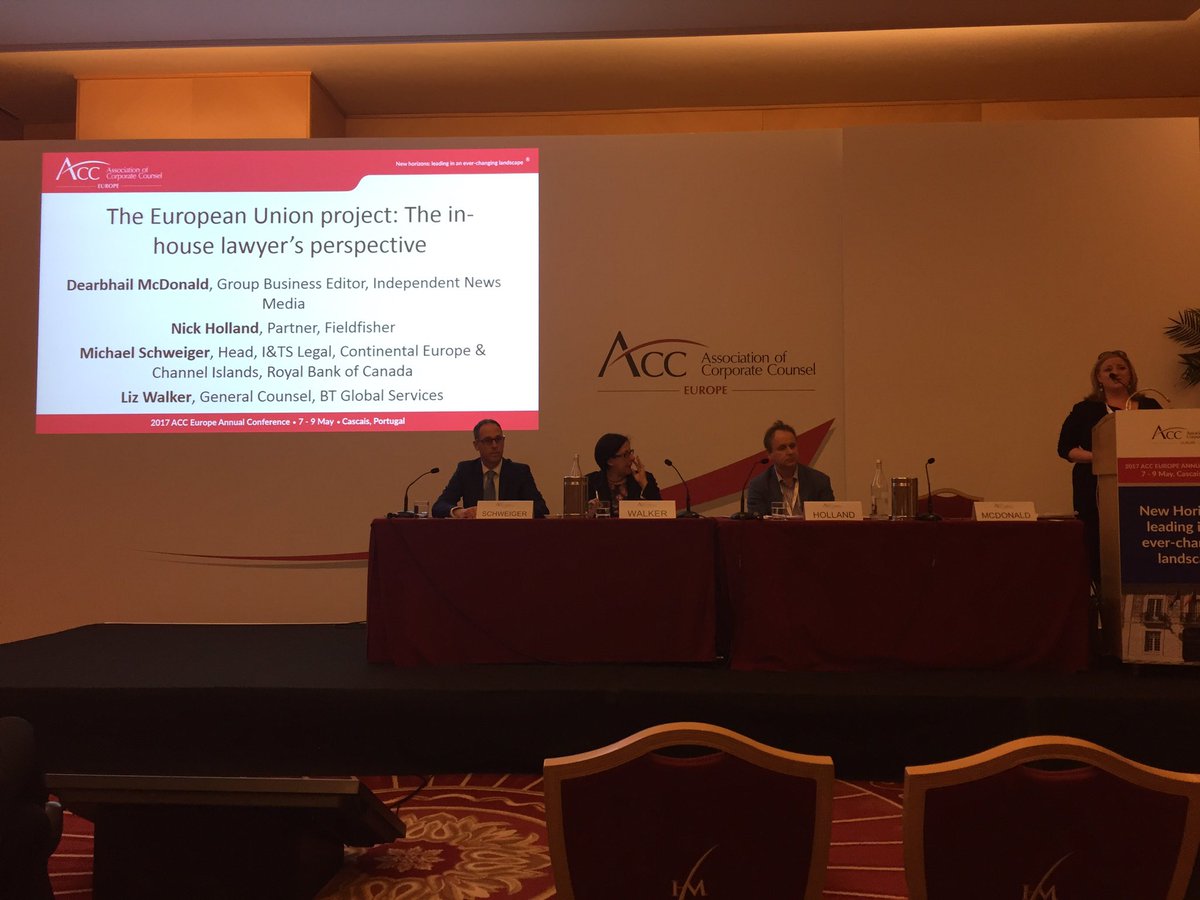 Very topical discussion on 'The future of the European Union project'. Great panel of speakers led by <a href="/DearbhailDibs/">Dearbhail McDonald</a> #acceurope2017