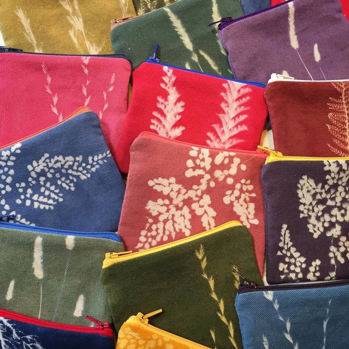 JacquardProduct's tweet image. Fresh batch of sun dyed zipper pouches from @healyoriginals made with #SolarFast. Such beautiful prints! ☀️#sunprint #photogram #jacquarddye