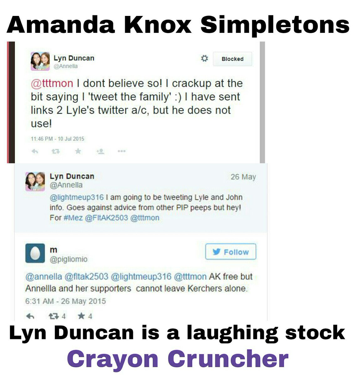 JackJ4MK's tweet photo. @zebbidi975 @JohnHendeRome @andreavogt @realDonaldTrump @latimes And Lyn Duncan >@zebbidi975  is nothing more than a laughing stock #AmandaKnox https://t.co/te1wlADm7I