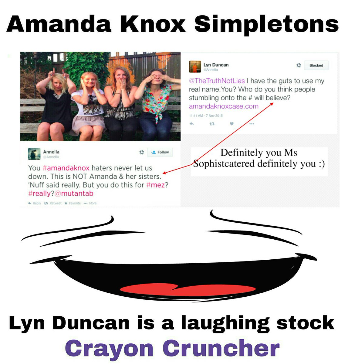 JackJ4MK's tweet photo. @zebbidi975 @JohnHendeRome @andreavogt @realDonaldTrump @latimes And Lyn Duncan >@zebbidi975  is nothing more than a laughing stock #AmandaKnox https://t.co/te1wlADm7I