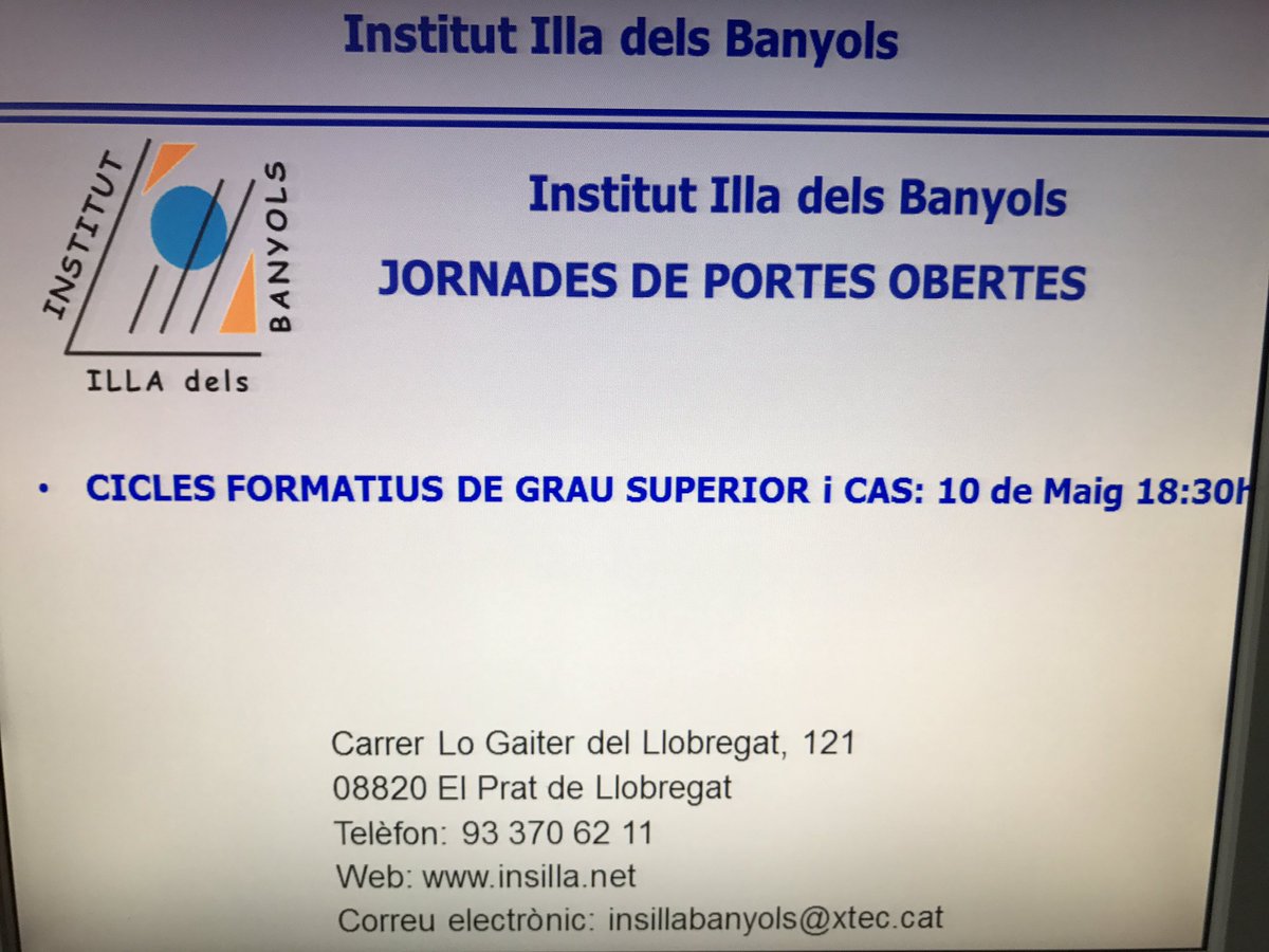 insillabanyols's tweet photo. RECORDATORI!! Demà 10 de maig a les 18:30 Jornades de Portes Obertes dels CFGS, Us hi esperem!! @ElPratEducacio #fprat https://t.co/bLKuxeWfZI