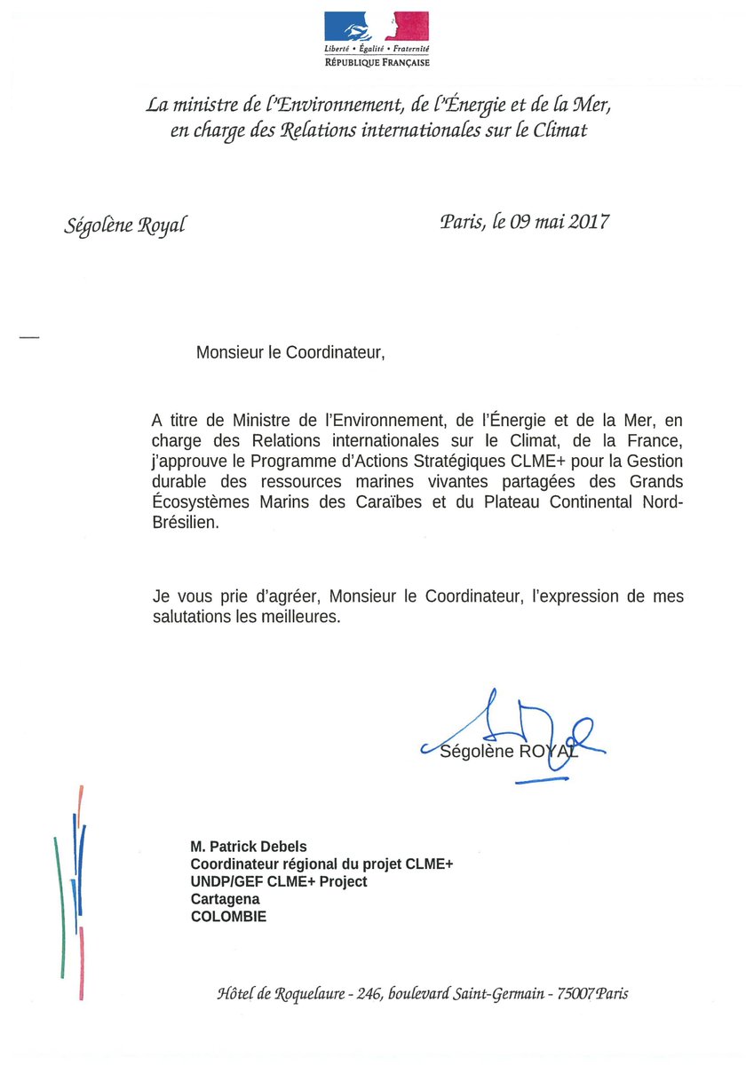 CLMEplus's tweet image. #France politically endorsed 10-year Strategic Action Programme for Caribbean marine environment: #CLMEsap signed by Minister @RoyalSegolene