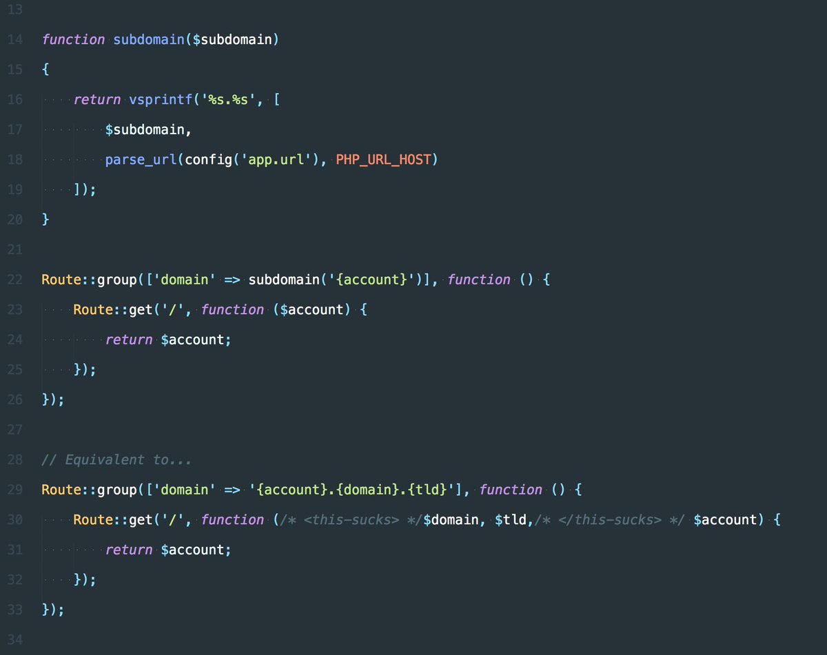 adamwathan's tweet image. 🔥 Use subdomain routing in multiple environments with different domains/TLDs? This helper can clean things up a ton: