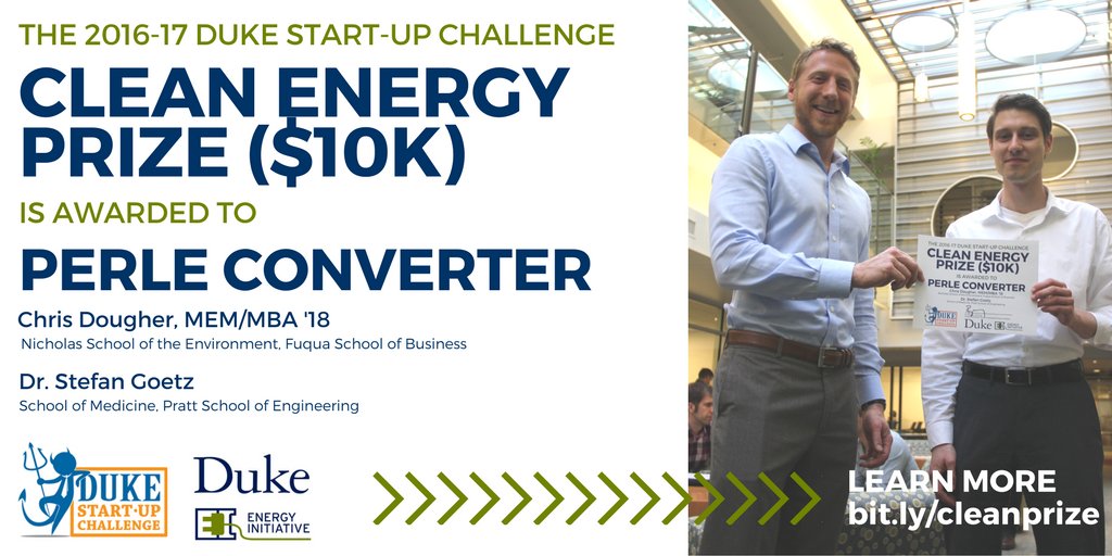 DukeEnvironment's tweet photo. Congrats to Chris Dougher (MEM/MBA'18), whose team won the Duke Startup Challenge's $10,000 Clean Energy Prize https://t.co/O3CRlcOmUI https://t.co/dE3XGpjPr2