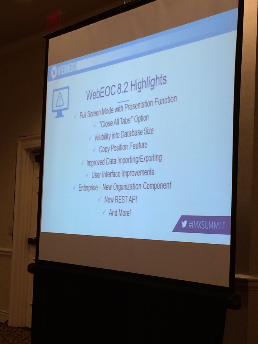 jamiemhays's tweet photo. WebEOC 8.2 Highlights. #IMXSummit #Intermedix - https://t.co/YAMcAyXZdk https://t.co/Ftpkbi9TWf