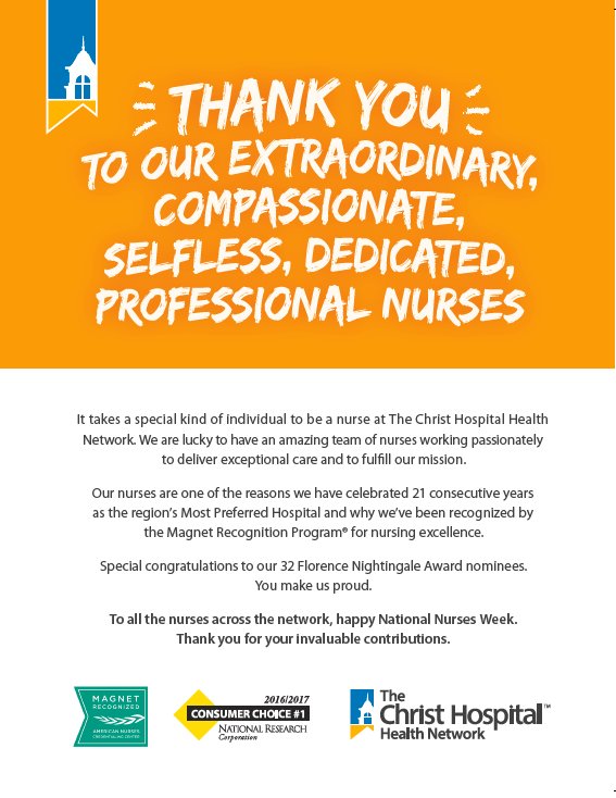 ChristHospital's tweet photo. From @CNOJulieHolt: Extraordinary. Compassionate. Selfless. Dedicated. Professional. The perfect words to describe nurses. #TCHNursesWeek https://t.co/GKhV3tY3Jx