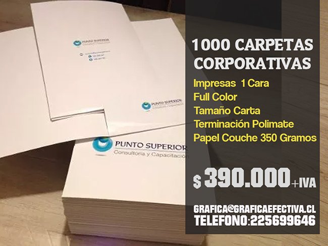 1000 CARPETAS CORPORATIVAS FULL COLOR TERMINACION POLIMATE $ 390.000+IVA