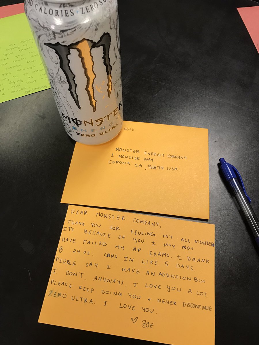 zoeeeeeeek's tweet photo. so my bio teacher had us write thank you notes to "everyone that helped us study" @MonsterEnergy https://t.co/JqoidieLRT