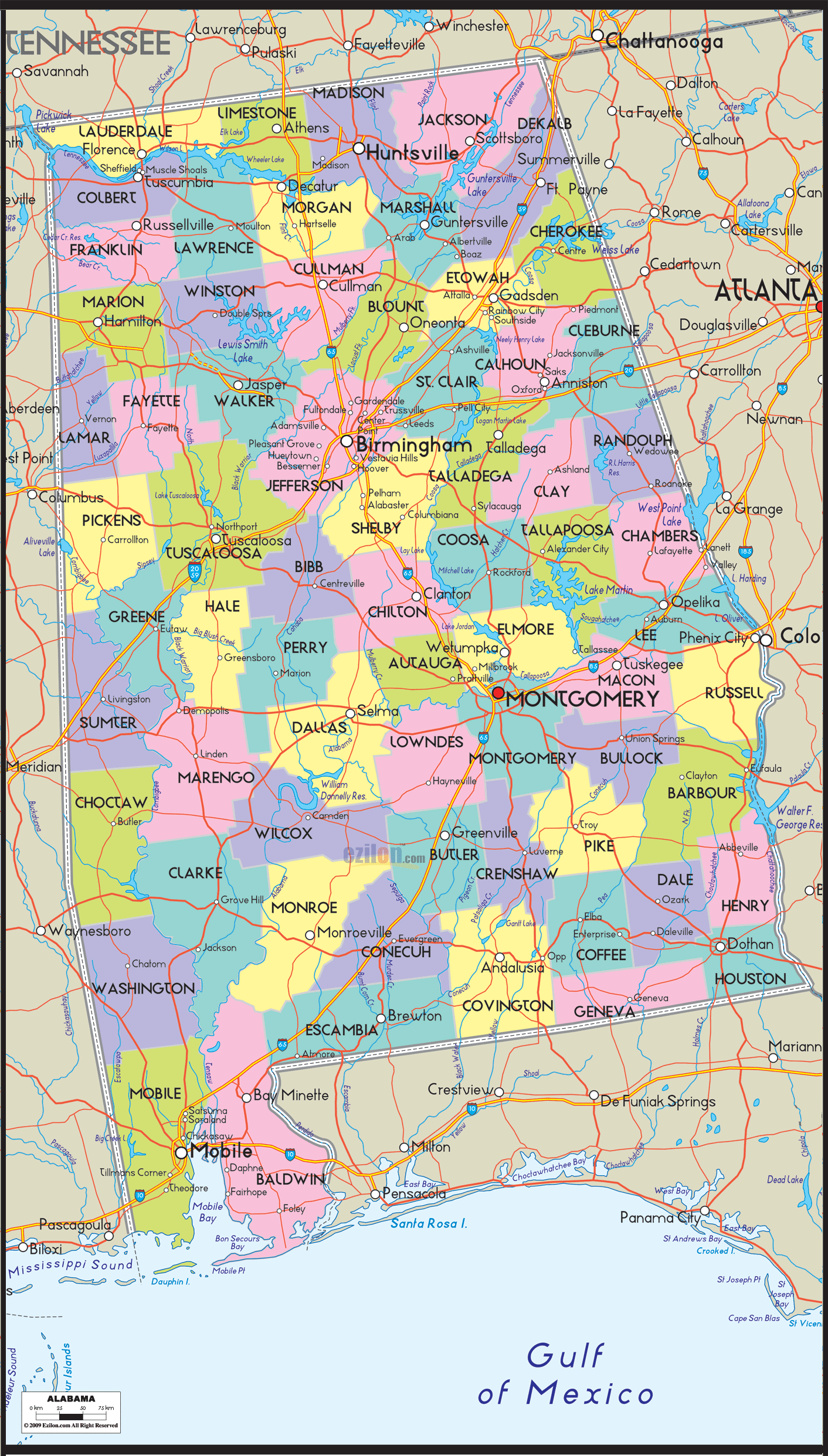 Map Of Alabama Showing Cities Ezilon Maps On Twitter: "Map Of Alabama Showing Cities, Towns, Counties,  Roads & Neighboring States - Https://T.co/Mej30Oertj #Statemaps  #Stateofalabama #Alabamamap Https://T.co/Ydvw415A6Y" / Twitter