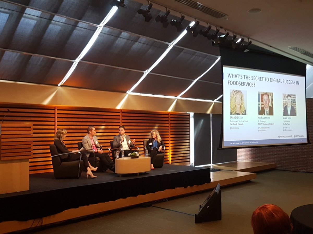 NPDCanada's tweet photo. Brandie Kelly of @facebook, Nathan Monk of @MaRSDD, Jamie Shea of @ChefsPlateCA, and @paigesellis of @BNN chatting digital #NPDFoodSummit https://t.co/4zWINHgnab