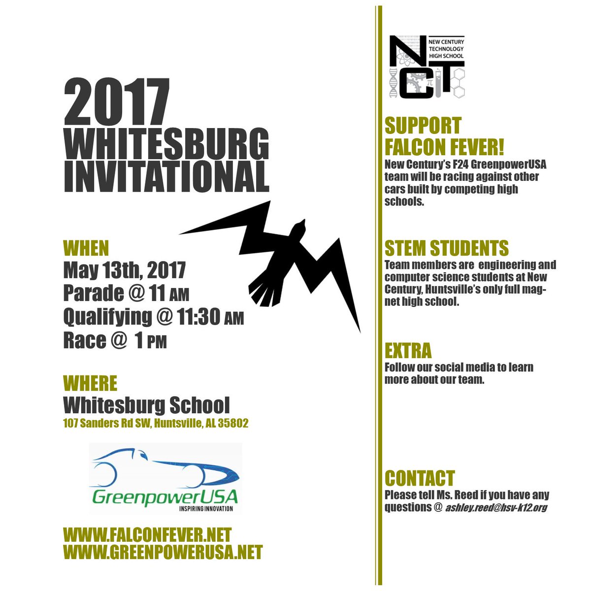 NCFalconFever's tweet photo. You are invited to attend the Whitesburg Invitational Greenpower race! The agenda is attached.  Feel free to attend! @HSVk12 #GreenpowerUSA https://t.co/6NJuxeswPY