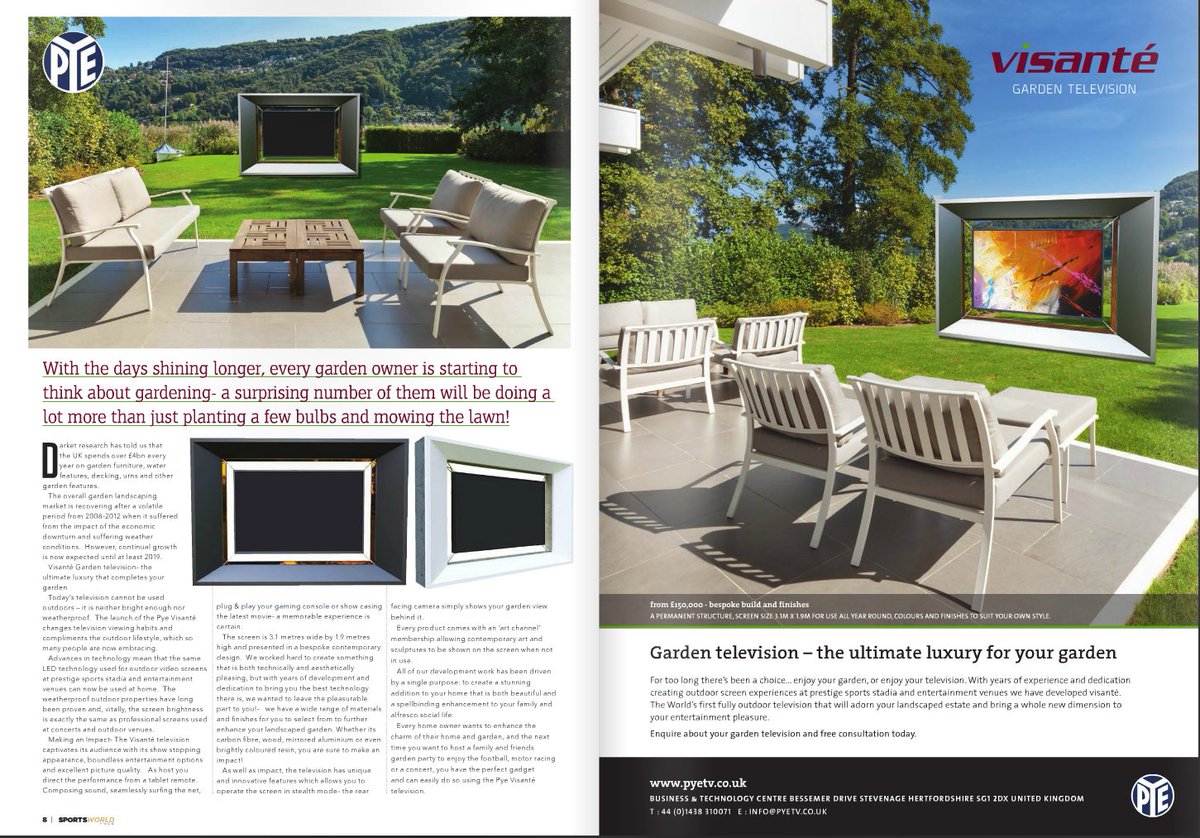 _PyeTV's tweet photo. View our double page spread in the Spring edition of @SportsWorldMag https://t.co/XM51umhI5i
#garden #tv #summer #luxury #cinema #television https://t.co/pz7HF2x8eI