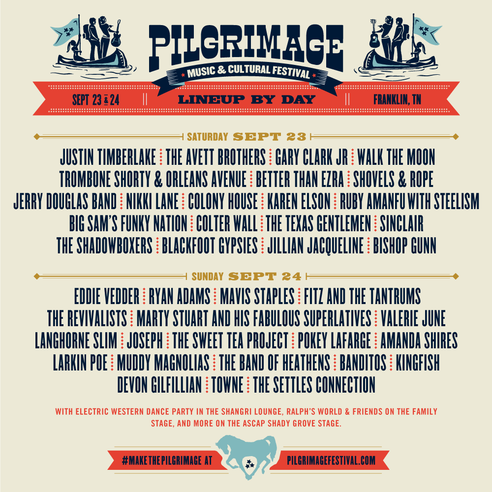 Do615Nashville's tweet photo. Daily lineups are up for @PilgrimageFest w/ @jtimberlake Sat &amp; #EddieVedder Sun! Day passes on sale Fri! WIN VIP: https://t.co/jfQg8oMKvJ https://t.co/gx0651lWd3