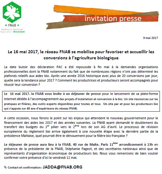 fnab_bio's tweet image. invitation presse 16 mai 2017: à J-15 des déclarations #PAC quelle dynamique des conversions #bio ? quels enjeux pour le nouveau gouv ?