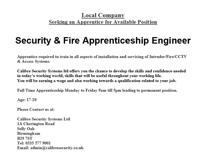 We're Hiring. Apply Now!!
We are currently looking for an Apprentice between 17-20 to join our small team of Security &amp; Fire engineers.