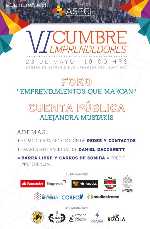 ASELA_org's tweet photo. No te quedes fuera y participa de la VI Cumbre de emprendedores en 🇨🇱 Inscripciones👉https://t.co/VkWcBjkQrl #CumbreASECH @ASECH_ag https://t.co/3kbn1JsX4o