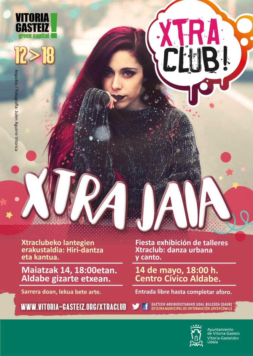 Xtraclub:Exhibición joven de canto y danza urbana. El 14 de mayo, a las 18:00 horas, en el centro cívico Aldabe. bit.ly/2pfXueH.