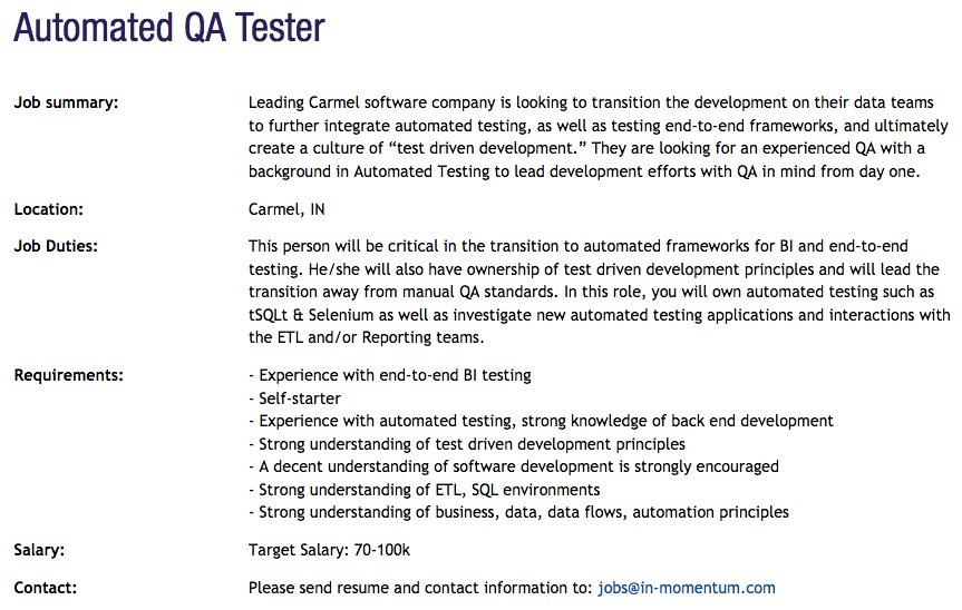 JobMomentum's tweet image. Need an Automated QA person! Is this you? #automatedQA #midlevel #indytech #techjobs #indyjobs #ETL #SQL