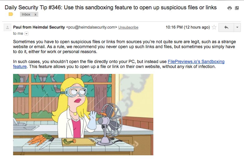 Our Sandbox was featured yesterday in <a href="/HeimdalSecurity/">Heimdal®</a>'s Daily Security Tip email filepreviews.io/sandbox/