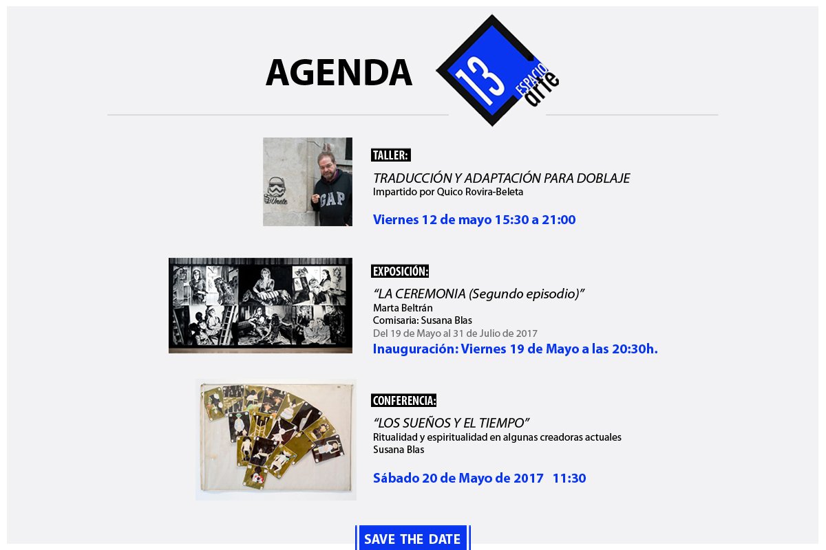 13Espacioarte's tweet photo. Os dejamos la agenda de esta semana. Más info en nuestra web: https://t.co/bp25JsICVH 

#doblaje #cine #guion #exposición #conferencia https://t.co/jWIWPURo3A