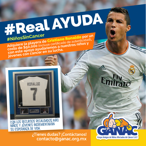 GANACIAP's tweet photo. REAL AYUDA!!
Eres fan del Real Madrid? Aprovecha y obten la playera autografiada y certificada por Cristiano Ronal y apoya a GANAC. https://t.co/1tZ5wniP0h