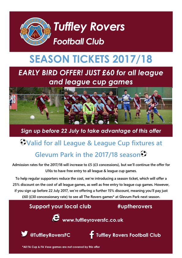 TuffleyRoversFC's tweet photo. Sign up for your 2017/18 season ticket now - covers entry to all league and league cup games at Glevum Park. On sale now!

#uptherovers https://t.co/8WeFqtNr6A