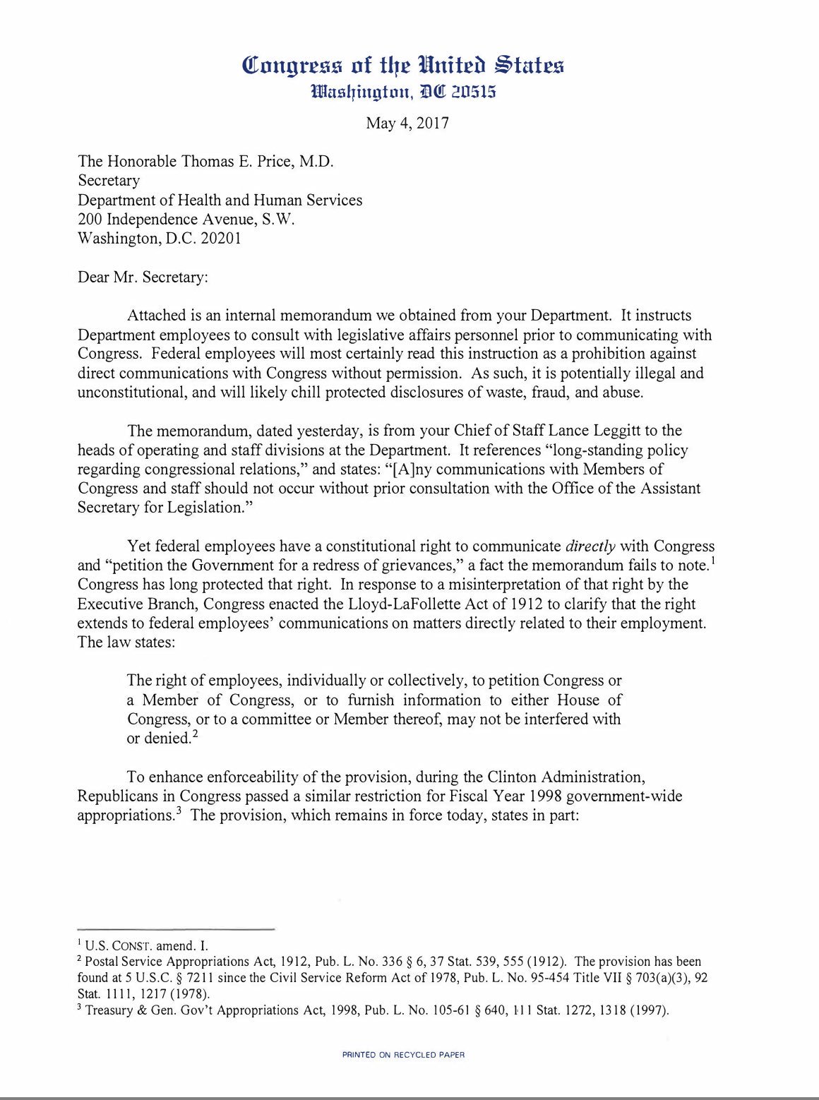 Frank Thorp V on Twitter: "In memo, HHS tells staff not to 
