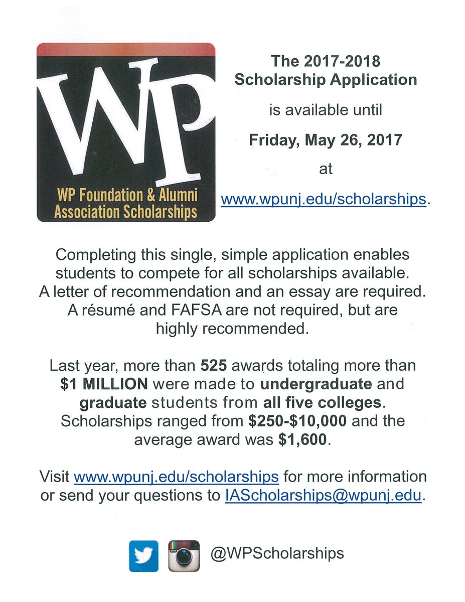 wpunjses's tweet photo. The scholarship application for 2017/2018 is now open! Deadline to apply is May 26th! https://t.co/oZxUtuPQPJ