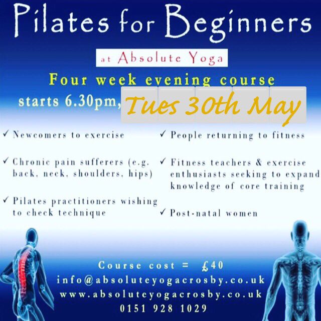 Absolute__Yoga's tweet photo. Pilates course starts Tues 30th May 6.30pm. Ideal for 
Beginners ✅ 
Injured ✅
Chronic back/neck/hip/shoulder Pain ✅
Returning to fitness ✅ https://t.co/OfqGJRQ9aK
