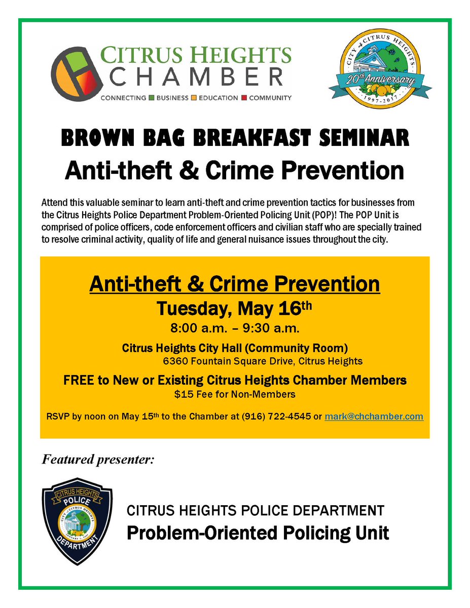 Join the Citrus Heights Chamber and the City of Citrus Heights at the May 16th Business Seminar! Review the event flyer and RSVP today!