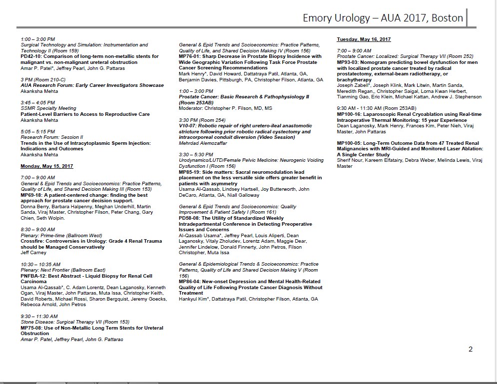 Emory Urology (@emory_urology) on Twitter photo Please check out <a href="/emory_urology/">Emory Urology</a>'s activities at #AUA17! 26 abstracts, 4 plenary talks, courses, moderated sessions, and more! Please check out <a href="/emory_urology/">Emory Urology</a>'s activities at #AUA17! 26 abstracts, 4 plenary talks, courses, moderated sessions, and more!