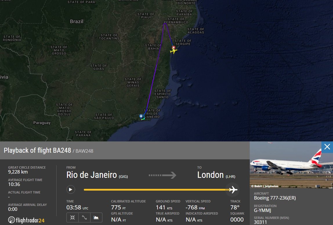 AirportWebcams's tweet photo. British Airways #BA248 Rio-London Heathrow (777 G-YMMJ) diverted to Salvador at 04UT today with a medical emergency. Landed at LHR 1610UT. https://t.co/46eIUcHjqC