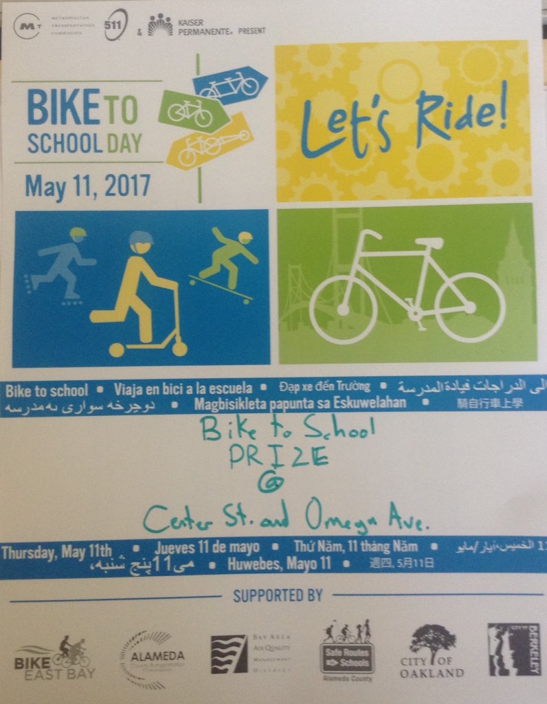 This Thursday is #BiketoSchoolDay.<a href="/AlamedaCTC/">Alameda CTC</a> <a href="/wildcatscv/">Creekside</a> <a href="/CastroValleyUSD/">Castro Valley USD</a> <a href="/KPShare/">KP Share (Retired)</a> <a href="/BikeEastBay/">Bike East Bay</a> <a href="/AirDistrict/">Bay Area Air Quality</a> <a href="/Oakland/">City of Oakland</a> <a href="/CityofBerkeley/">City of Berkeley</a>