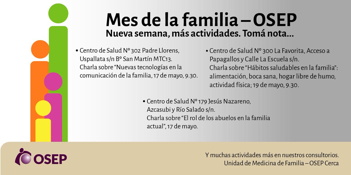 OsepMza's tweet photo. En el #MesDeLaFamilia te invitamos a muchas actividades en los consultorios de #OSEPCerca. ¡Toma Nota! 📝😃👨👵👴👩👧👶 https://t.co/1KmKmhtOQb