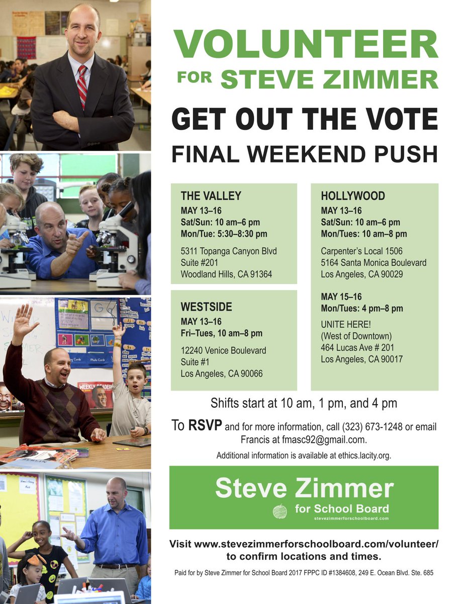 SteveZimmer_4SB's tweet photo. C'mon on down &amp; help us GOTV at our HQ's in Mar Vista, Hollywood, &amp; Woodland Hills. Together, we can do this for #allkids  #VoteZimmerMay16 https://t.co/GkVJNPaC1p