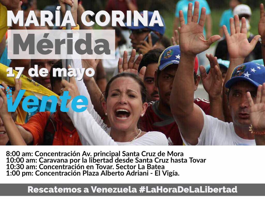 MariaCorinaYA's tweet photo. A la indomable #Mérida la han reprimido sin compasión, y solo han fortalecido su espíritu libertario gocho.Mañana estoy con ustedes! #17May https://t.co/psgKHR2yDa