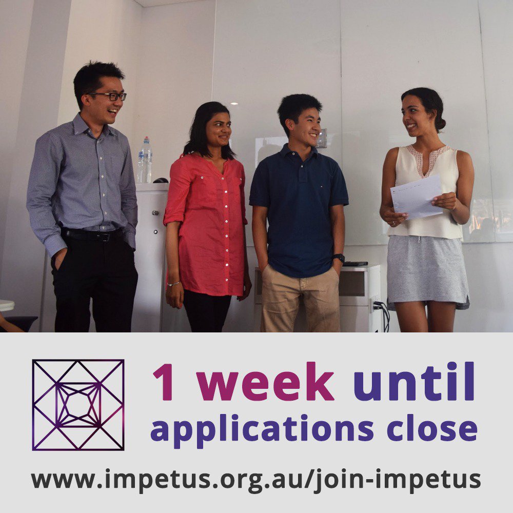impetuscg's tweet photo. Only 1 WEEK LEFT until applications close! Apply NOW: https://t.co/ESa33cCGSP #socialimpact #socialenterprise #consulting #nfp #monashuni https://t.co/B3fnyVUUkP