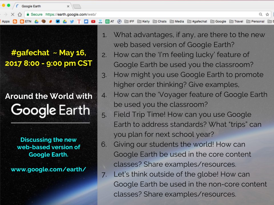 EdTechNut's tweet photo. #gafechat is less than an hour!!! Talking about Google Earth in the classroom. #tosachat #lisdeducafe #edtechteam #googeedu #gsuiteedu https://t.co/Tz1RCJP1xd
