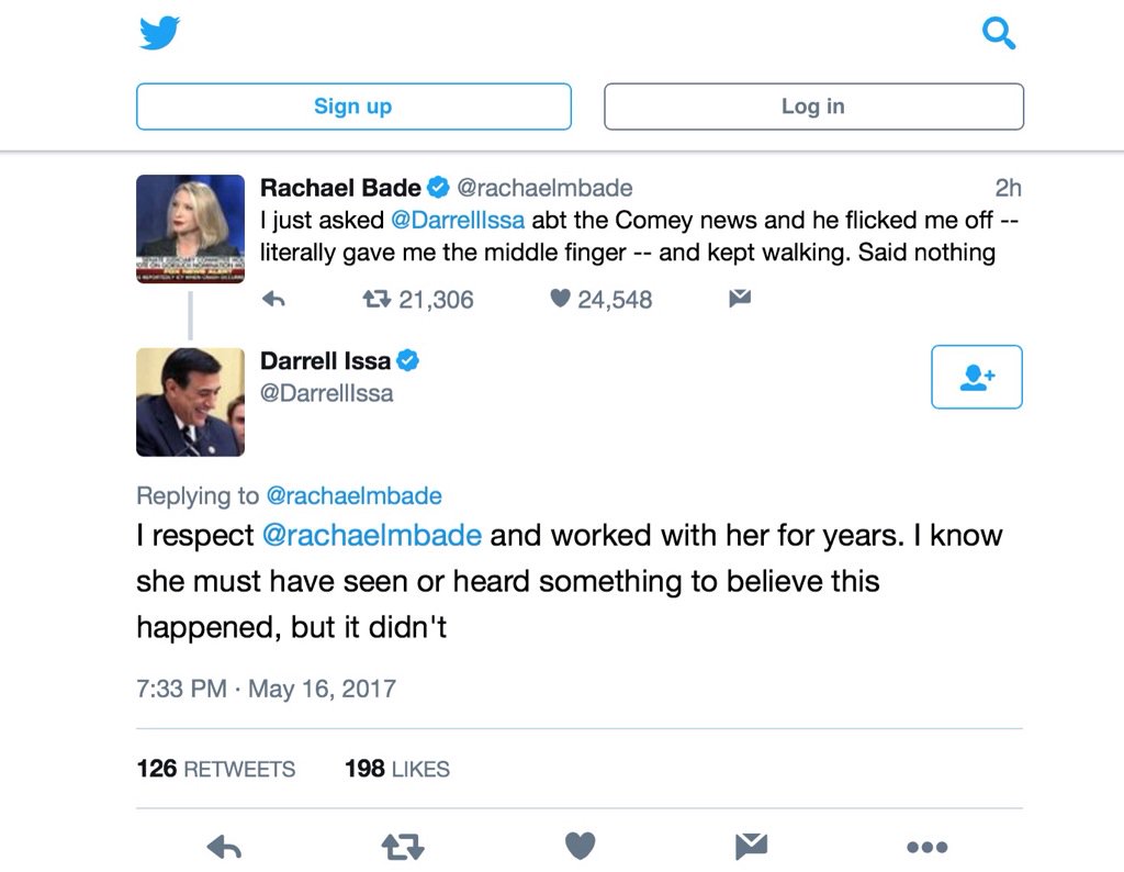 Fake News: Darrell Issa gives Rachael Bade of Politico the middle finger #ComeyMemo